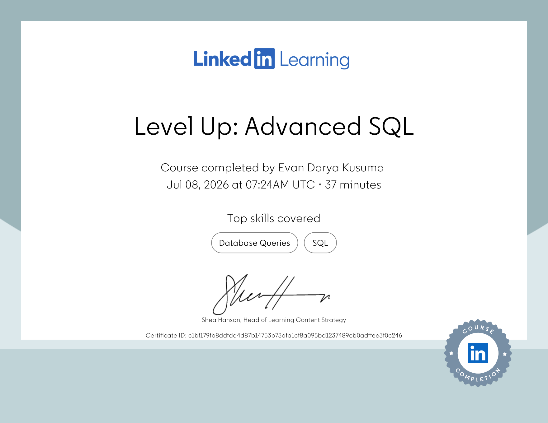Level Up: Advanced SQL certificate preview