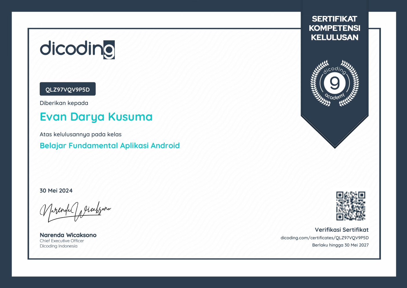 Belajar Fundamental Aplikasi Android certificate preview