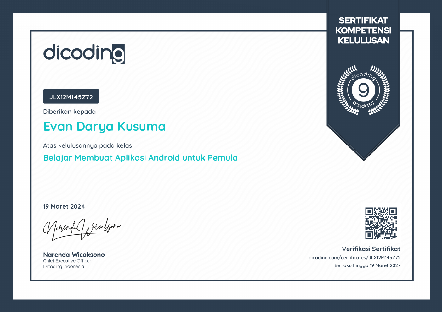 Belajar Membuat Aplikasi Android untuk Pemula certificate preview