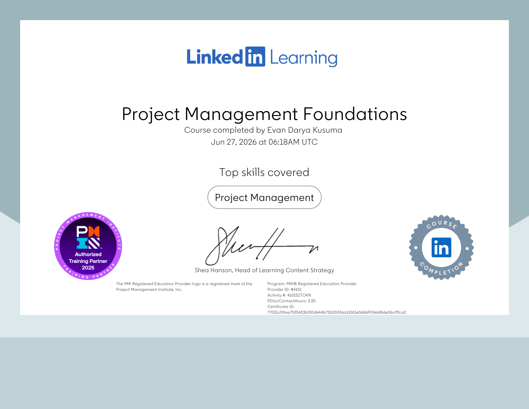 Project Management Foundations certificate preview